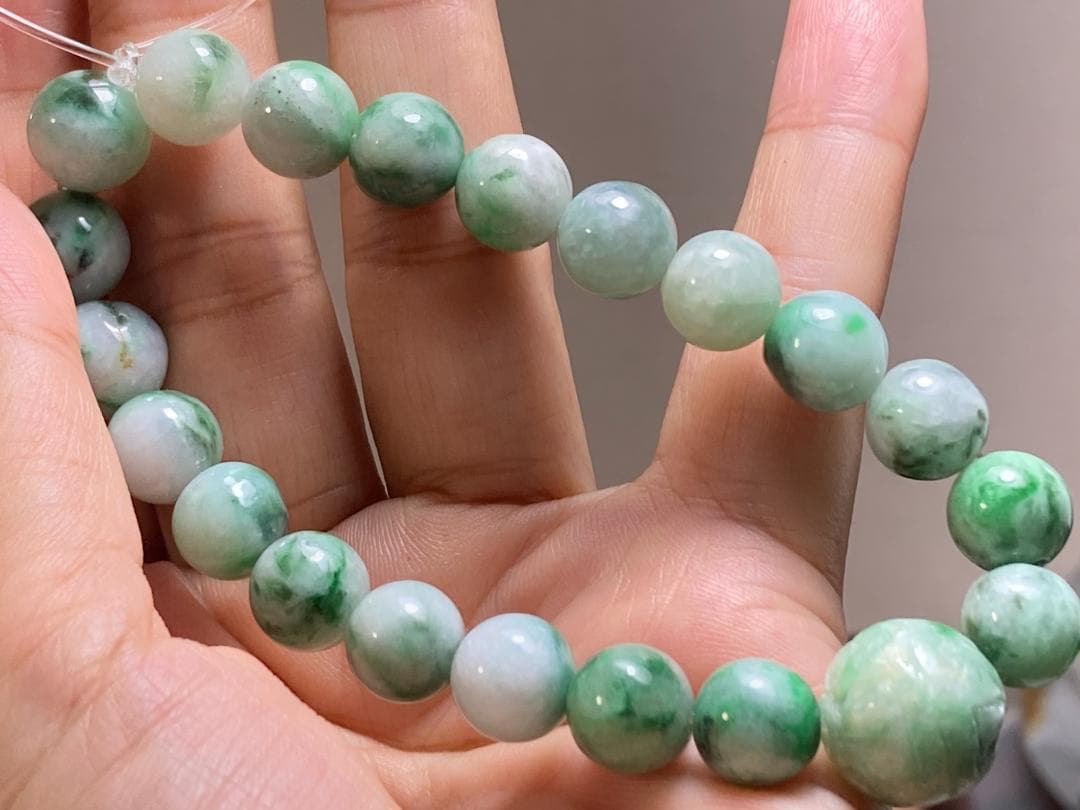 BR7-44 花緑 9.8mm 彫り花珠 ミャンマー産A貨 本翡翠 ブレスレット
