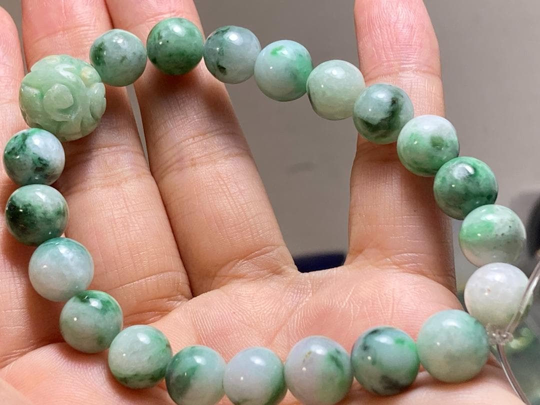 BR7-44 花緑 9.8mm 彫り花珠 ミャンマー産A貨 本翡翠 ブレスレット