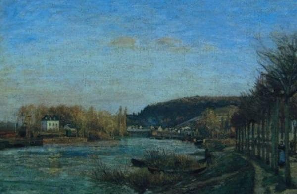 カミーユ・ピサロ、【ブージヴァルのセーヌ河畔】、希少な額装用画集より