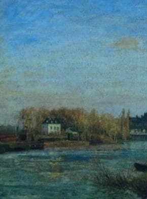カミーユ・ピサロ、【ブージヴァルのセーヌ河畔】、希少な額装用画集より