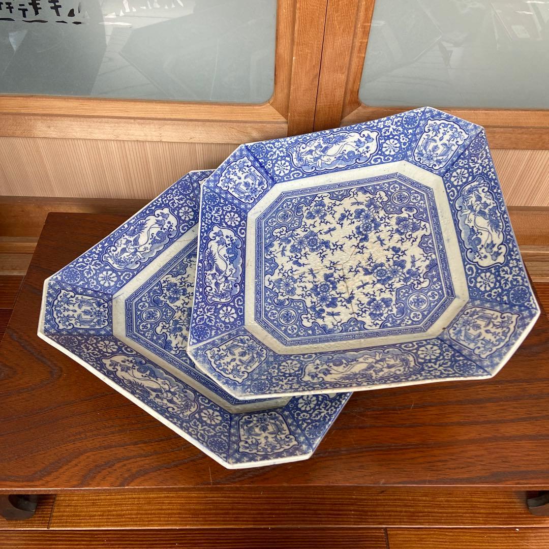 古伊万里染付印判瑞禽唐草花文八角皿二枚 - メルカリ