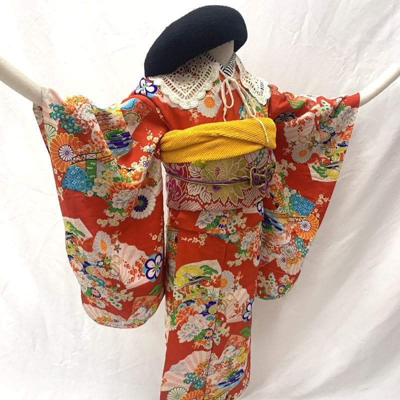 503ag77■キッズ小紋 六歳 七歳 女児 着物＆袋帯 扇 菊■良好