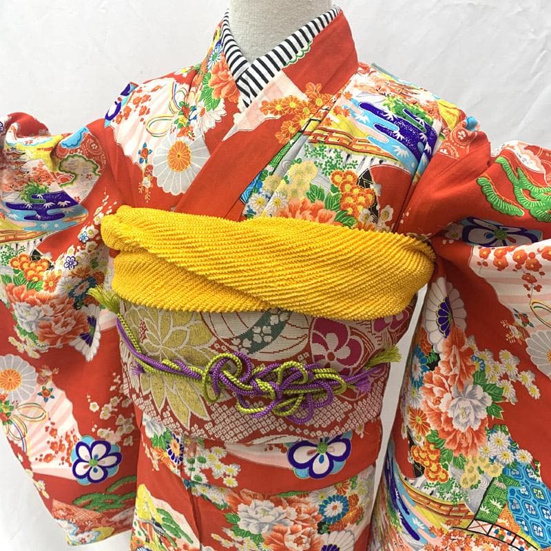 503ag77■キッズ小紋 六歳 七歳 女児 着物＆袋帯 扇 菊■良好