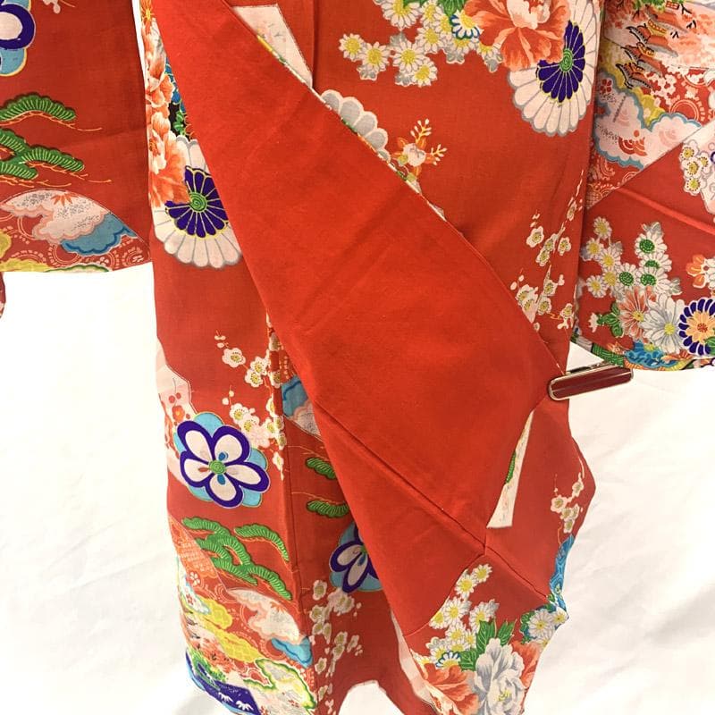 503ag77■キッズ小紋 六歳 七歳 女児 着物＆袋帯 扇 菊■良好