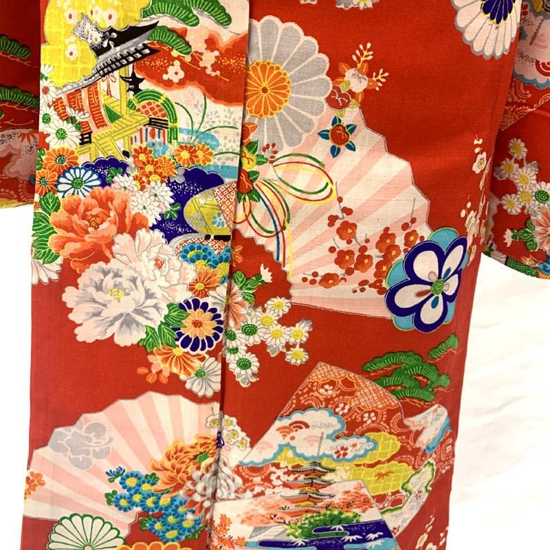 503ag77■キッズ小紋 六歳 七歳 女児 着物＆袋帯 扇 菊■良好