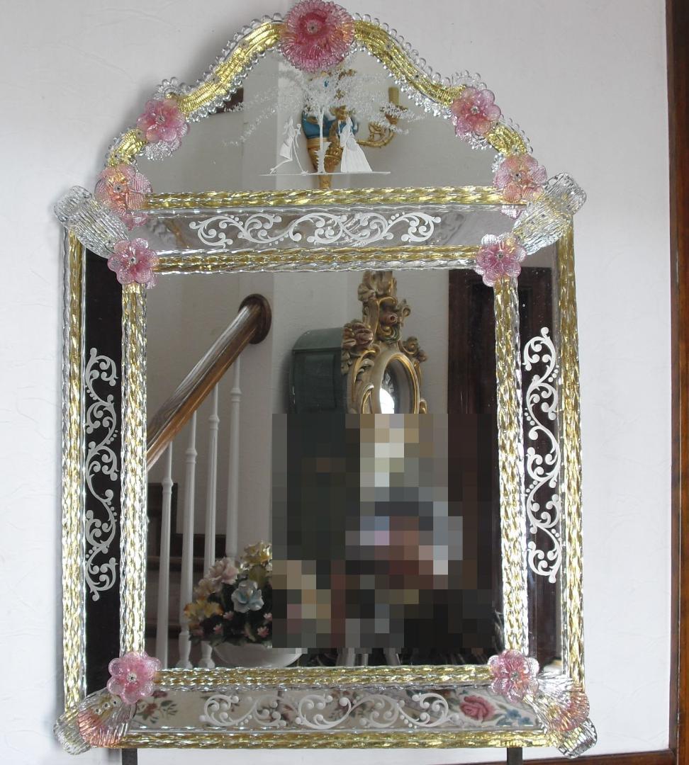 希少☆イタリア製☆ ベネチアンムラノガラス ミラー☆大型壁掛け鏡☆52×75cm