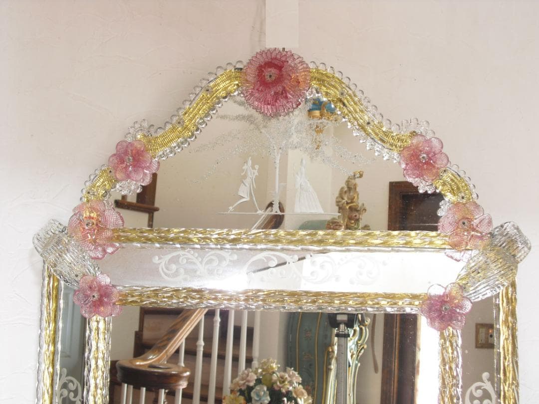 希少☆イタリア製☆ ベネチアンムラノガラス ミラー☆大型壁掛け鏡☆52×75cm