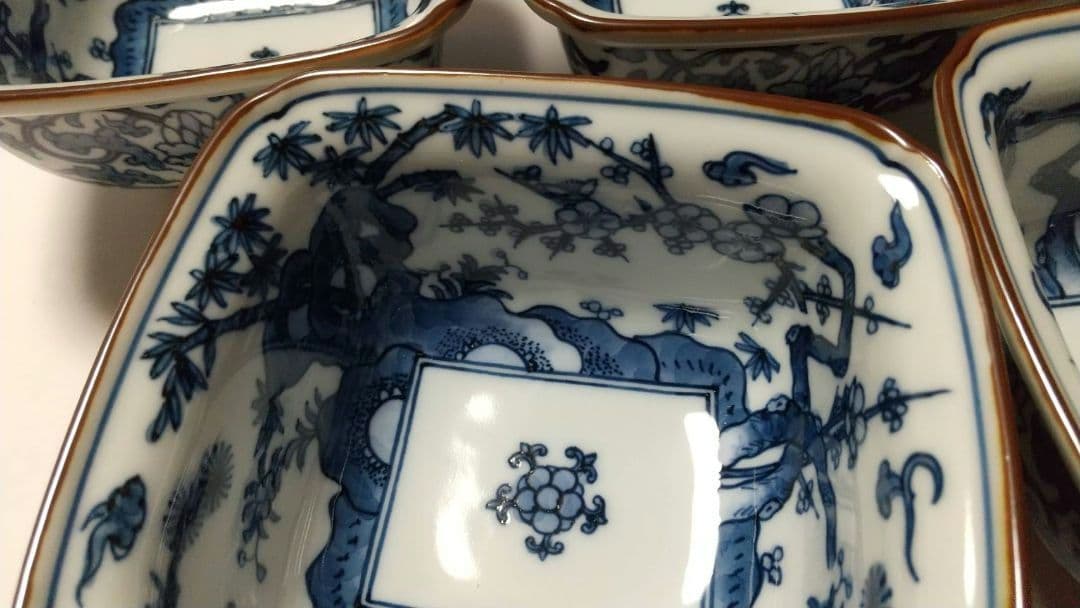 源右衛門窯 染付 松竹梅 角小鉢 鉢 5客組 共箱 未使用品