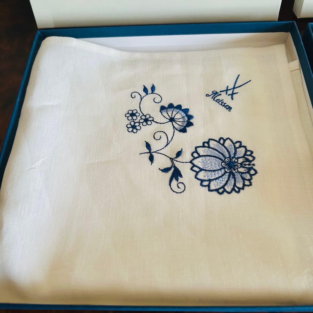 マイセンクロス　麻刺繍　ホワイトテーブルクロス　ランチョンマットmeissen