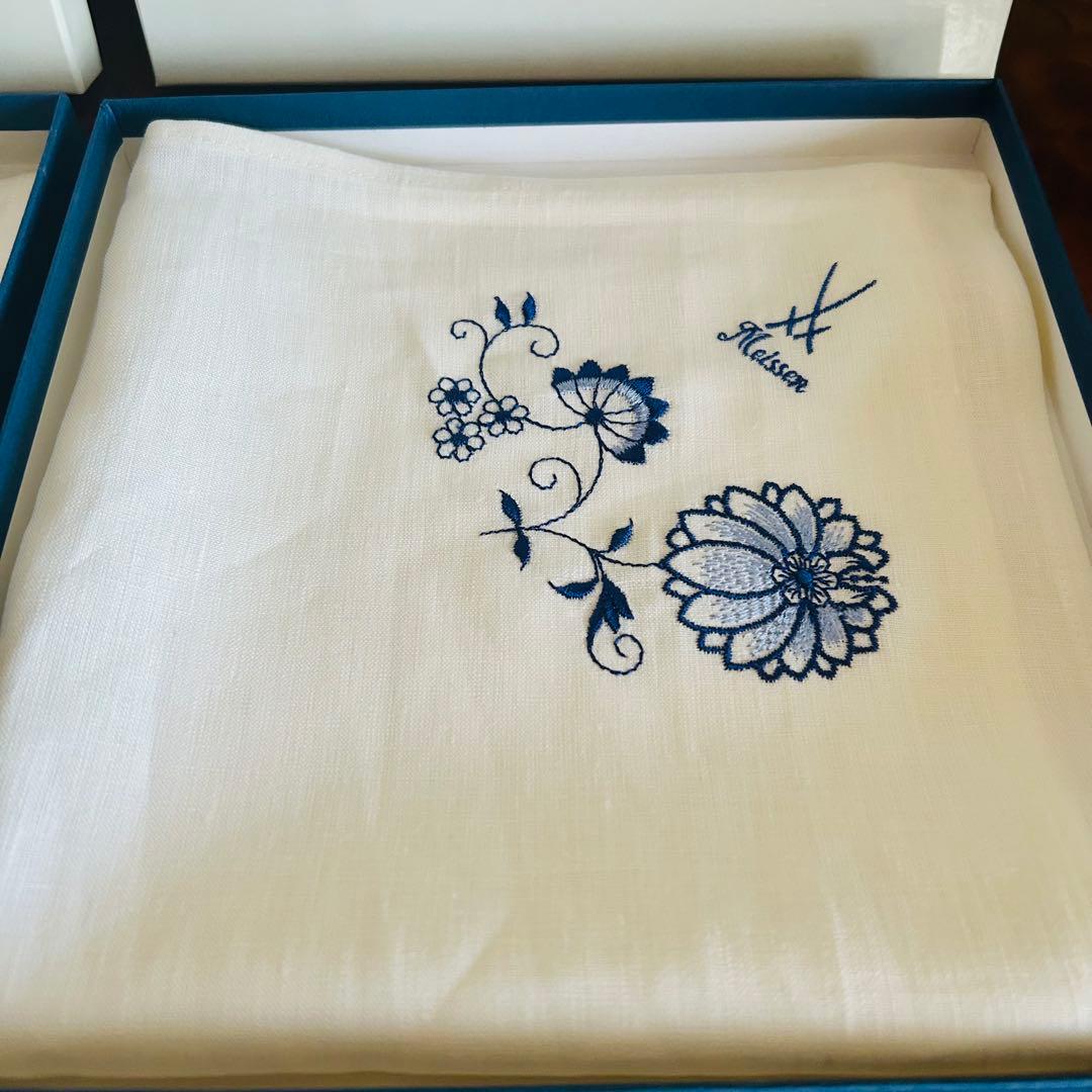マイセンクロス　麻刺繍　ホワイトテーブルクロス　ランチョンマットmeissen
