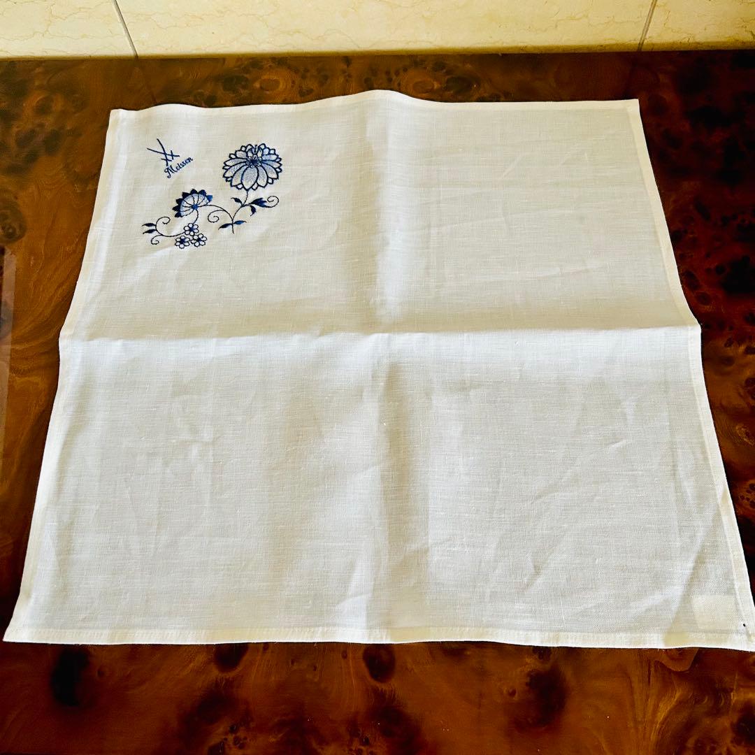 マイセンクロス　麻刺繍　ホワイトテーブルクロス　ランチョンマットmeissen