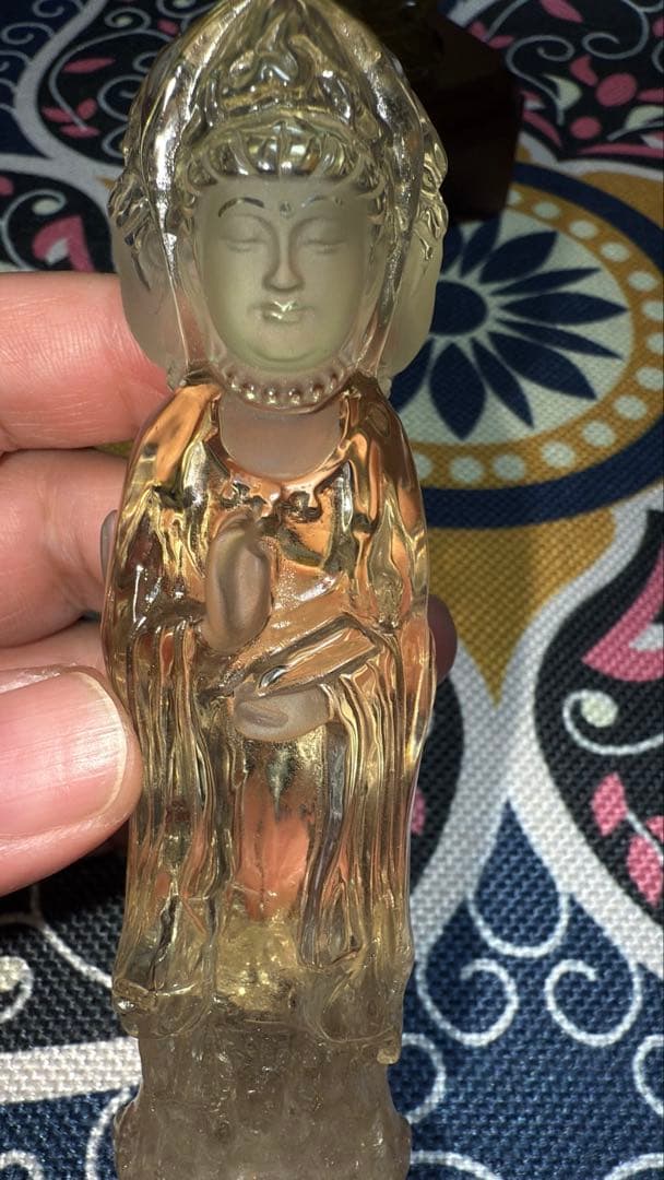 特注手彫り専用台座 天然シトリン 三面観音菩薩 観世音菩薩 手彫り彫刻立象 置物