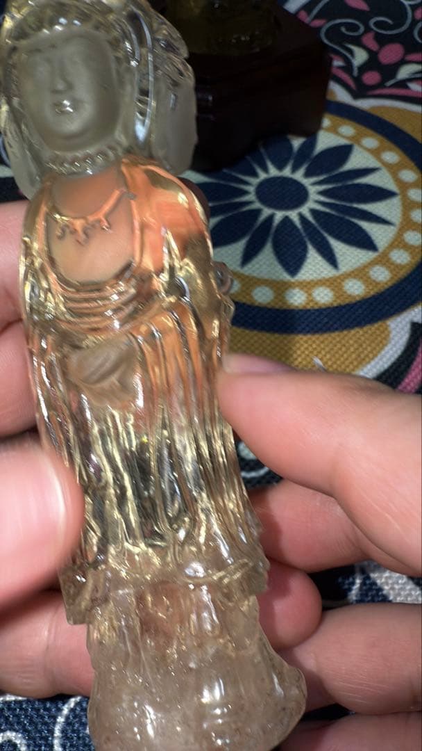 特注手彫り専用台座 天然シトリン 三面観音菩薩 観世音菩薩 手彫り彫刻立象 置物