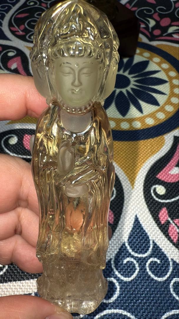 特注手彫り専用台座 天然シトリン 三面観音菩薩 観世音菩薩 手彫り彫刻立象 置物