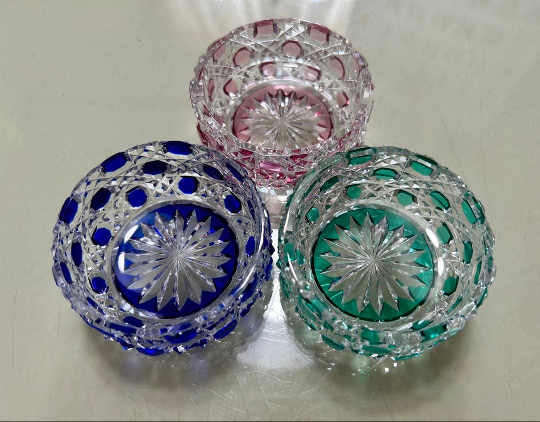 江戸切子　八角籠目　小鉢　3色セット　瀧澤利夫作