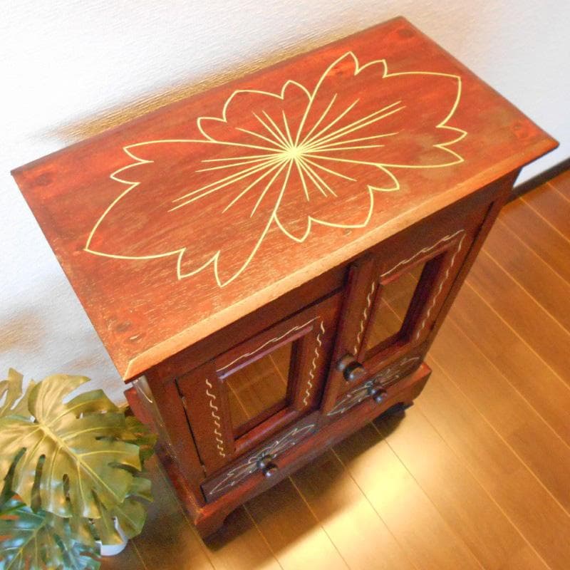 アウトレット品 花柄模様 猫足 キャビネット お祈りかえる付き♪ 完成品家具