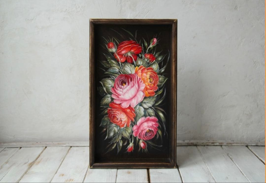 ロシア雑貨☆Rose木製トレイ薔薇 ジョストボ柄 マトリョーシカ ガリーナ作