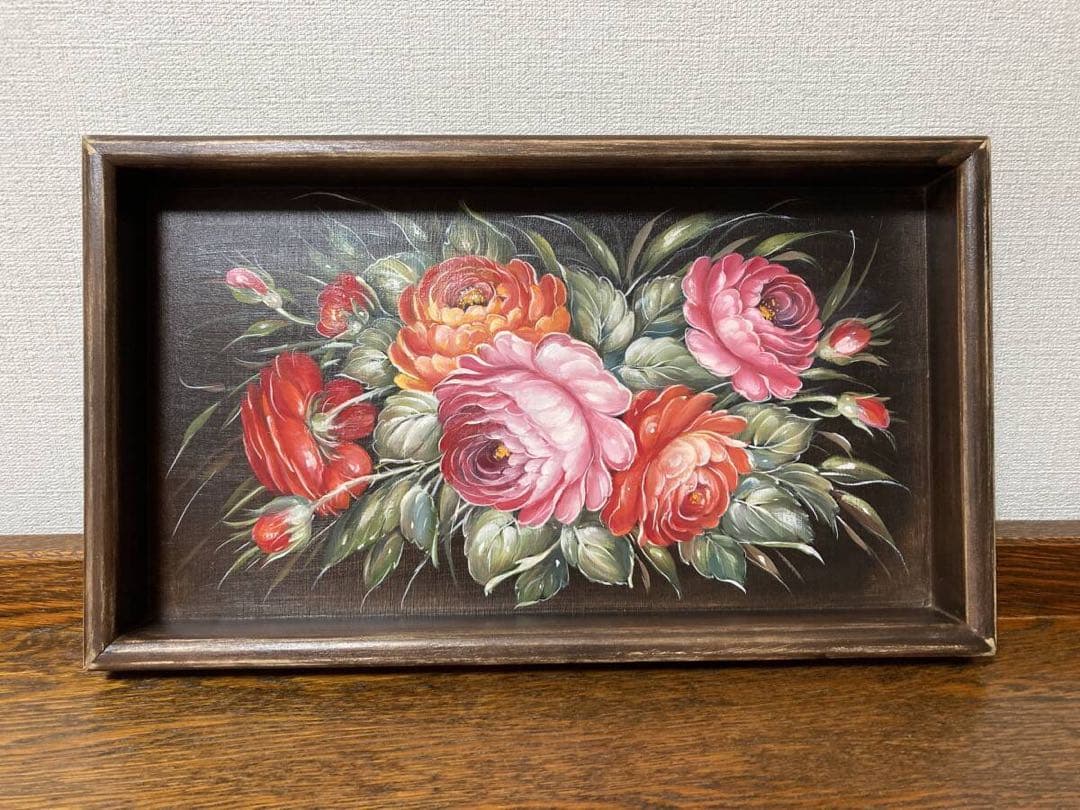 ロシア雑貨☆Rose木製トレイ薔薇 ジョストボ柄 マトリョーシカ ガリーナ作