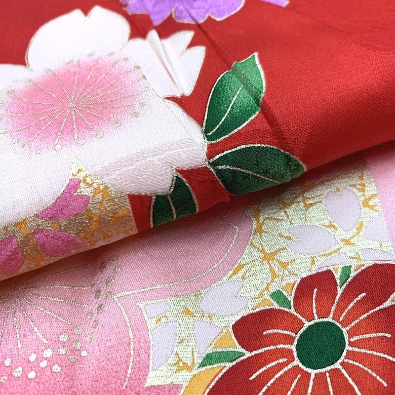 511ag21■七五三 七歳 女児 着物&丸帯 手鞠 桜 赤■美品