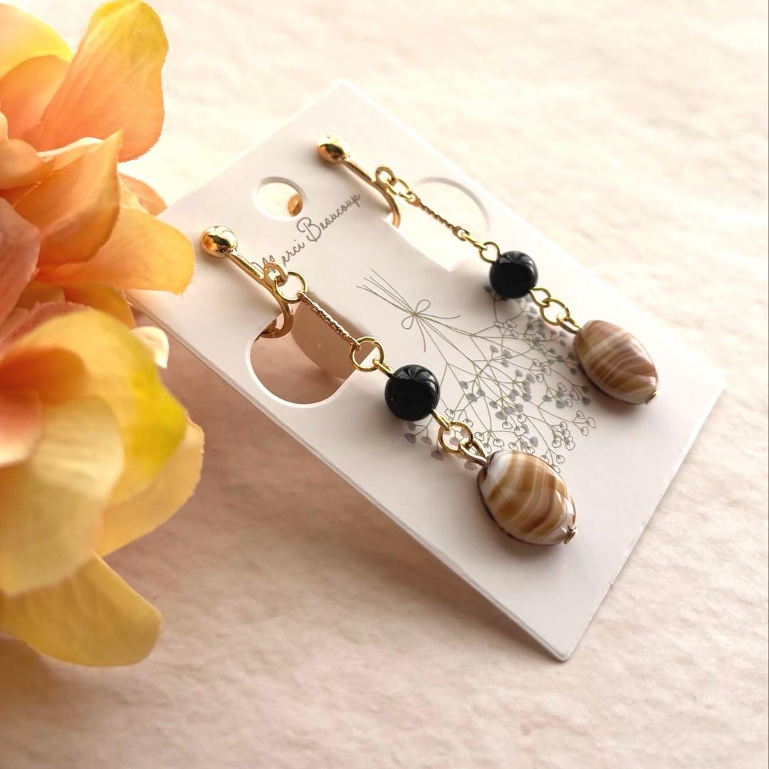 ハンドメイド＊イヤリング＊ピアス＊ゴールド＊オニキス＊ブラウン