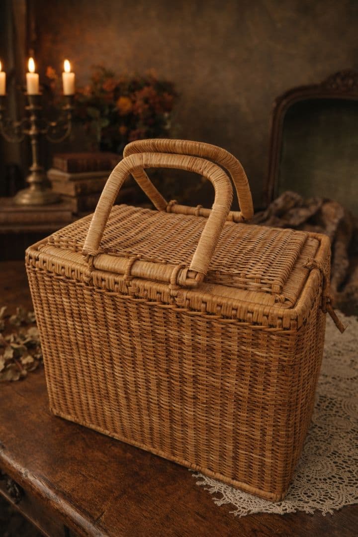 【希少】昭和レトロ 蓋付き竹編みバスケット2点セット