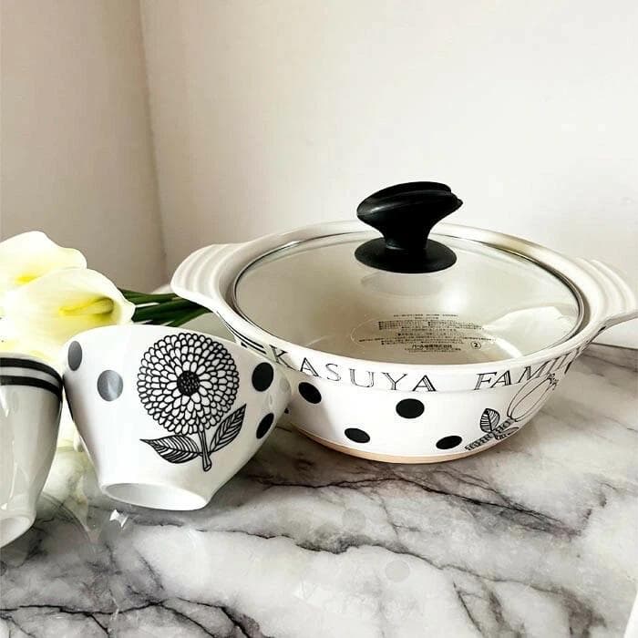 【名入れ無料】ガラス蓋　両手鍋　ホワイト20cm 24cm 卓上鍋　ドット柄