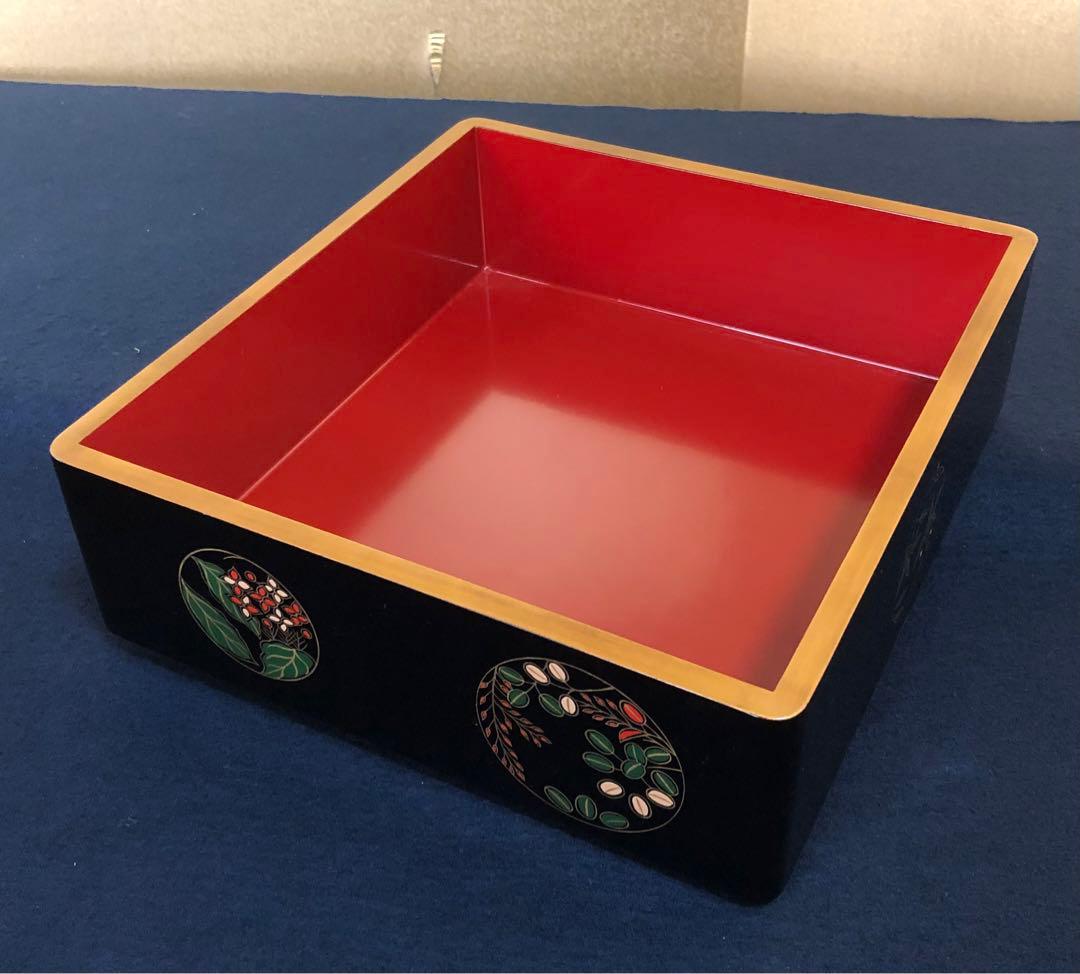 《R》黒内朱 花丸蒔絵 二段重 替蓋 重台付 木製漆器 木箱　251218か1