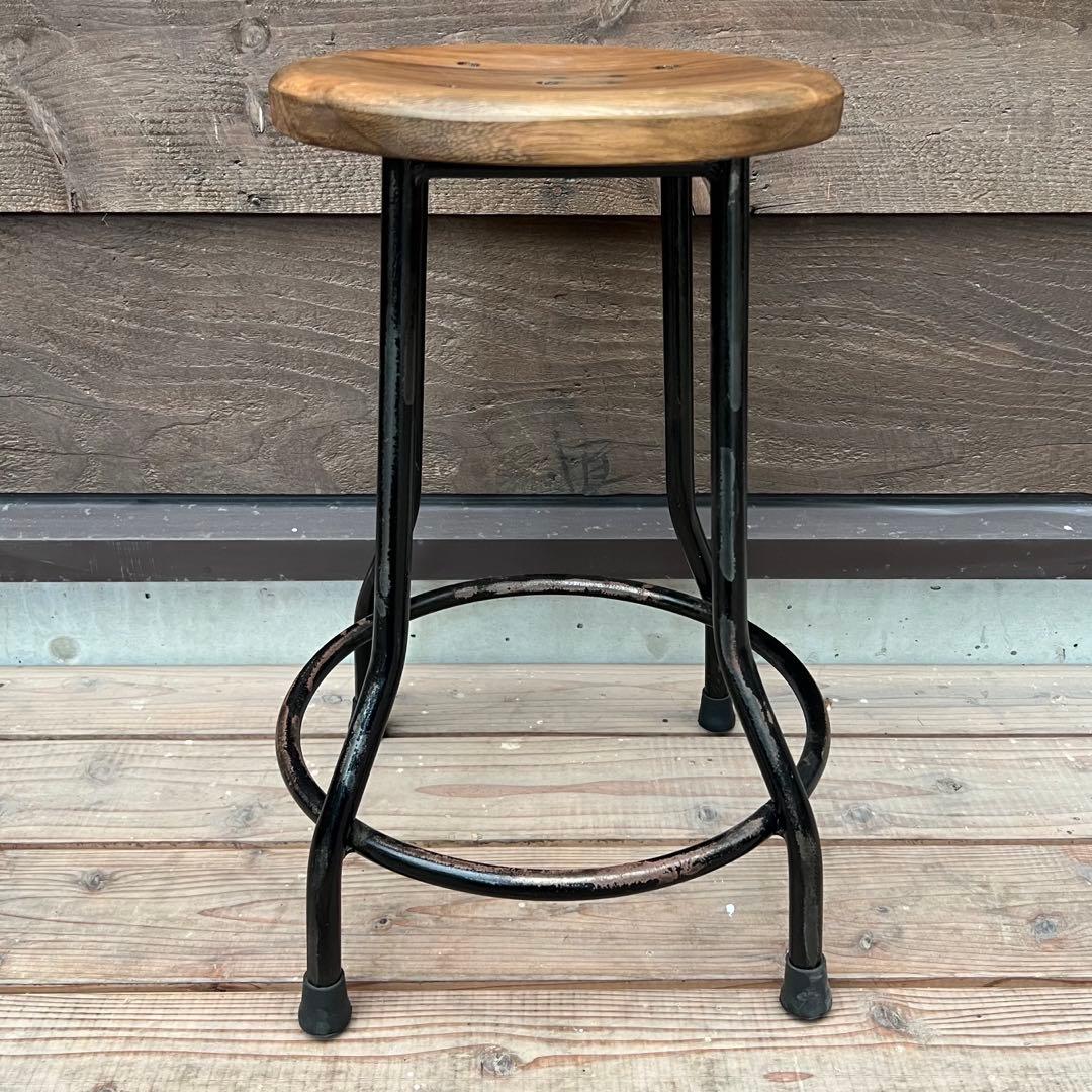 天然木座面のアイアンスツール ヴィンテージスタイル ブラック 木製座面 椅子