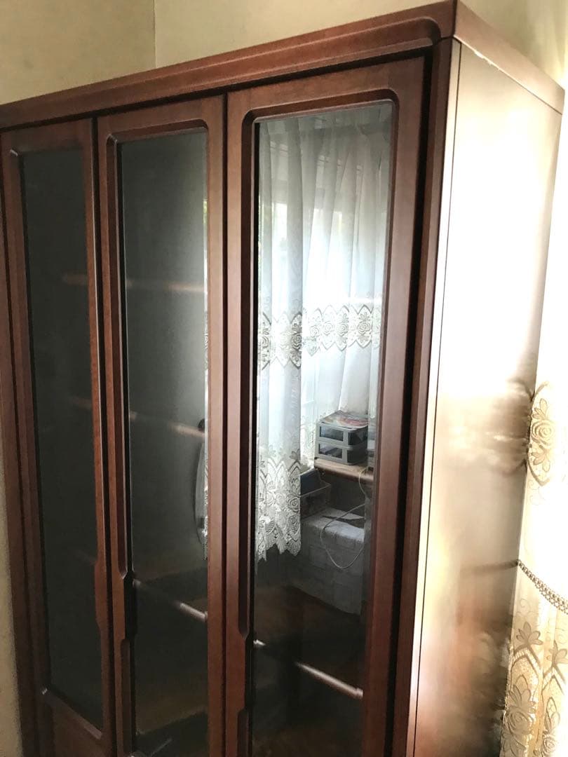 本棚 ブラウン木製キャビネット ガラス扉 5棚