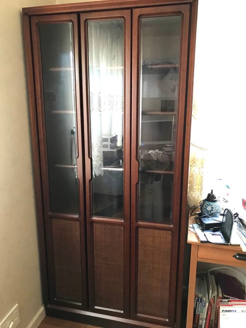 本棚 ブラウン木製キャビネット ガラス扉 5棚