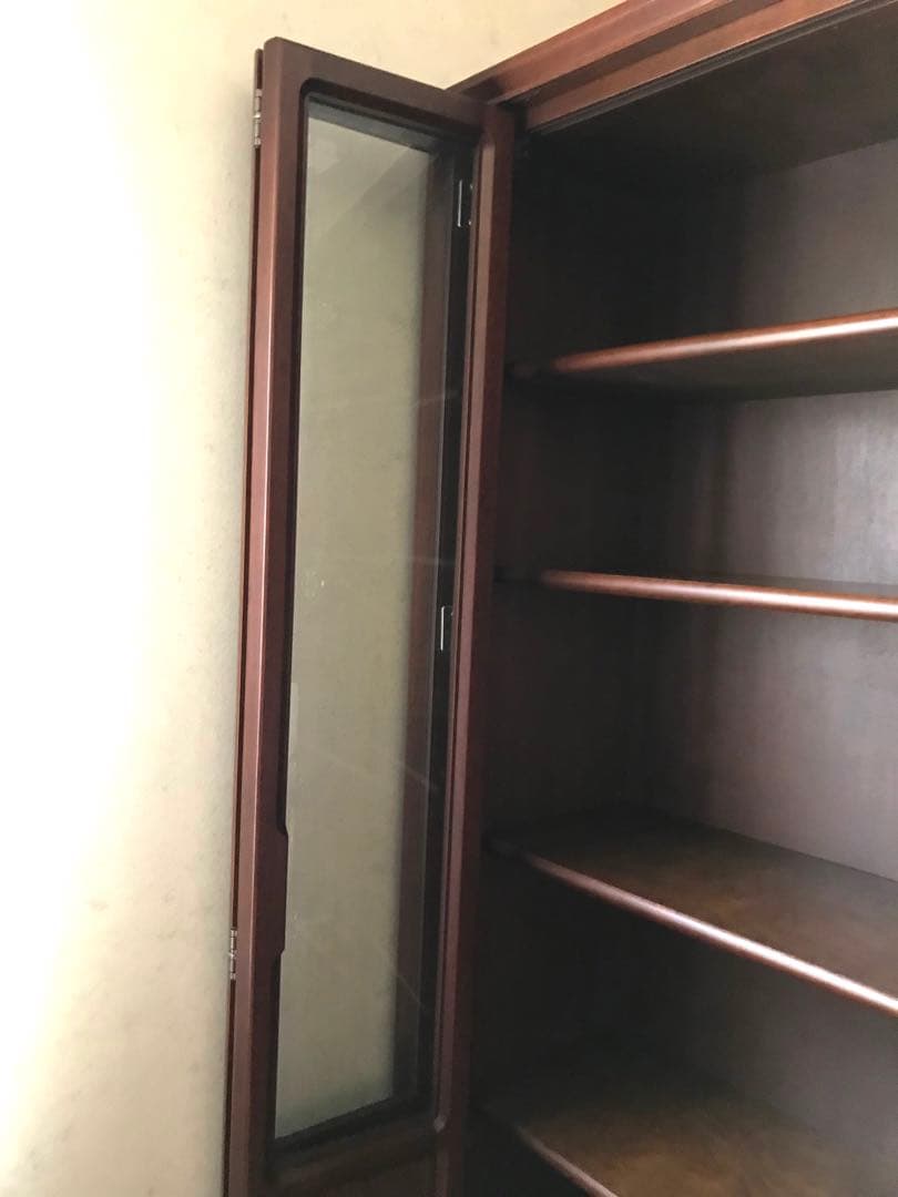 本棚 ブラウン木製キャビネット ガラス扉 5棚