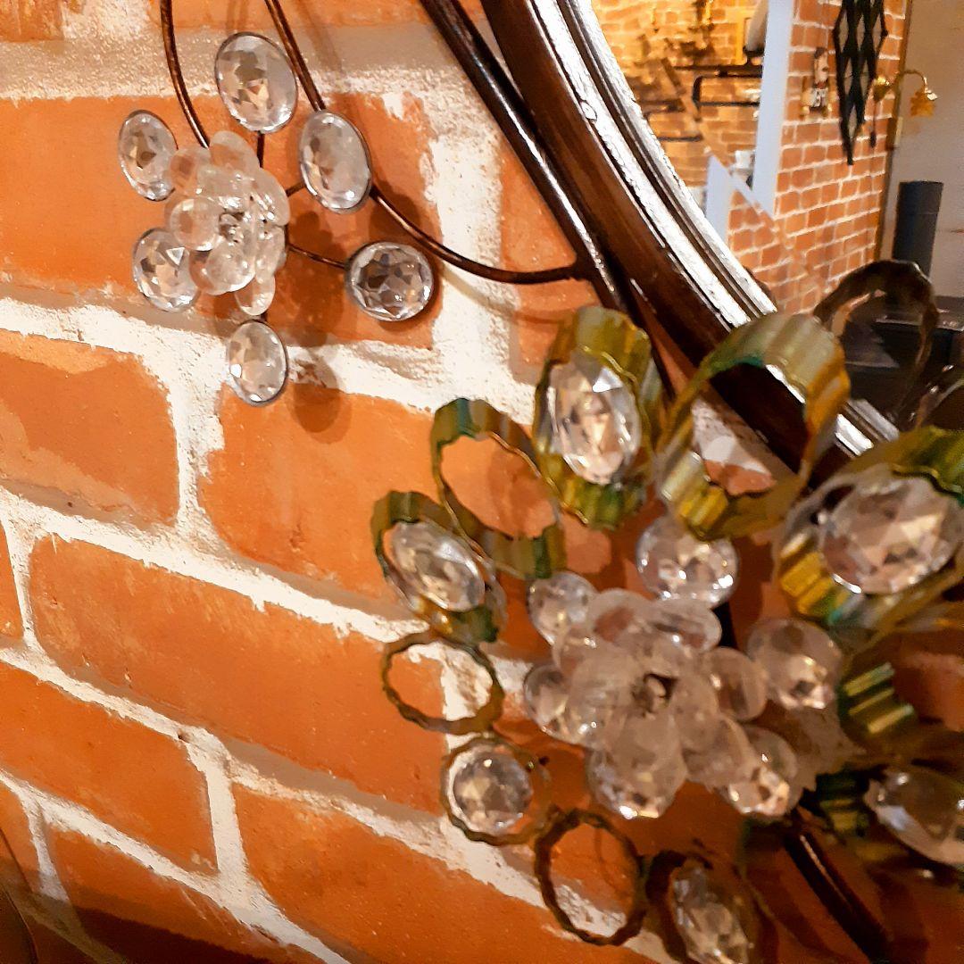 輸入雑貨　ロートアイアン　『ジュエルフラワーミラー』　クリスタルガラス