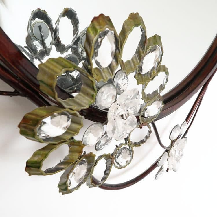 輸入雑貨　ロートアイアン　『ジュエルフラワーミラー』　クリスタルガラス