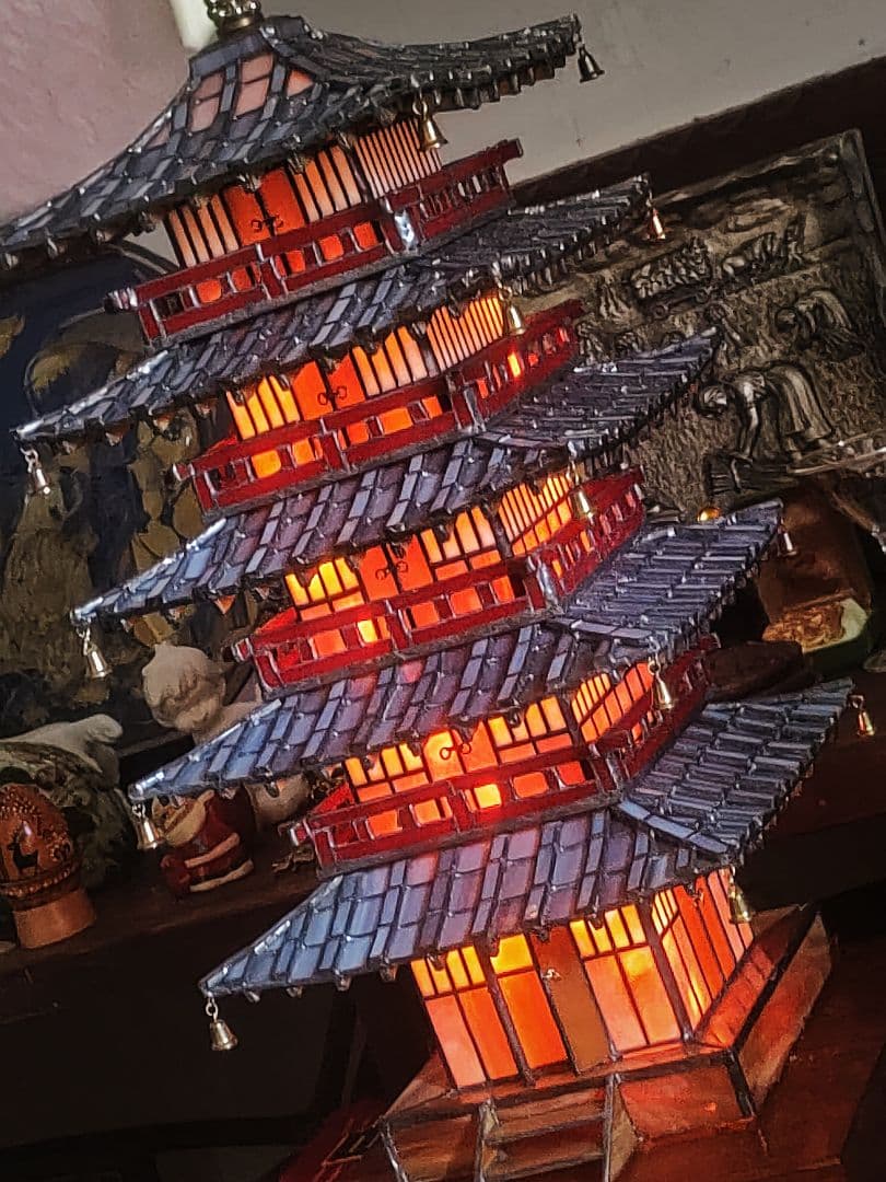 【圧巻 ☆ 世界唯一・一級品】ステンドグラス五重塔　美術工芸品　ビンテージランプ