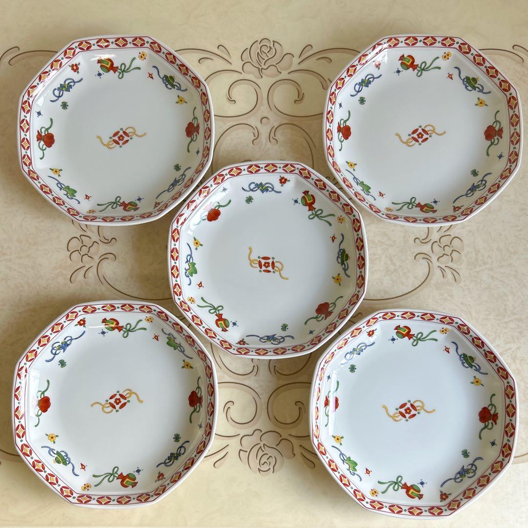 たち吉 中華皿 八角皿 チャーハン皿 5枚セット 中皿揃 宝尽くし 赤絵