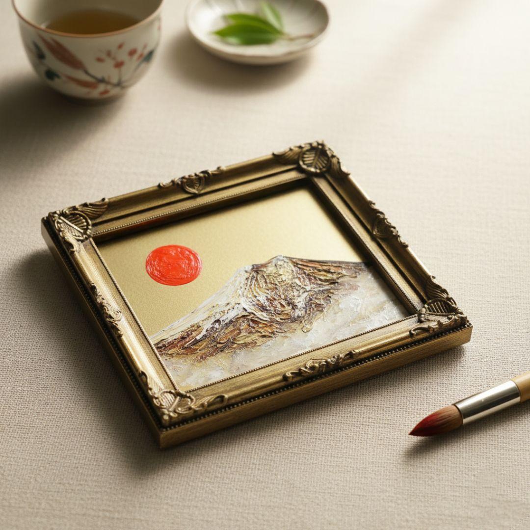 【真作】油絵 ミニ色紙「黄金富士山」額縁付 金運・開運 縁起物 原画 手描き