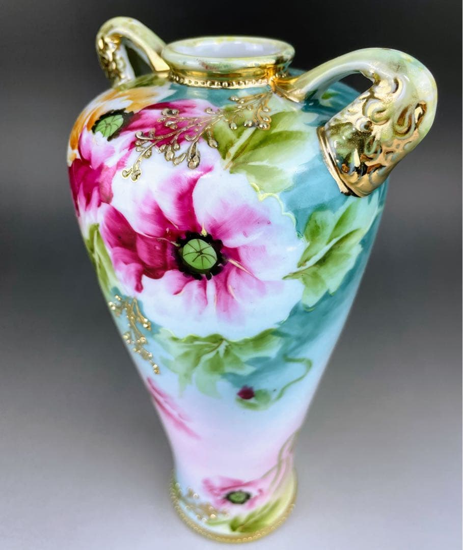 オールドノリタケ 約23cm アールヌーボー ポピー花紋花瓶 金盛り