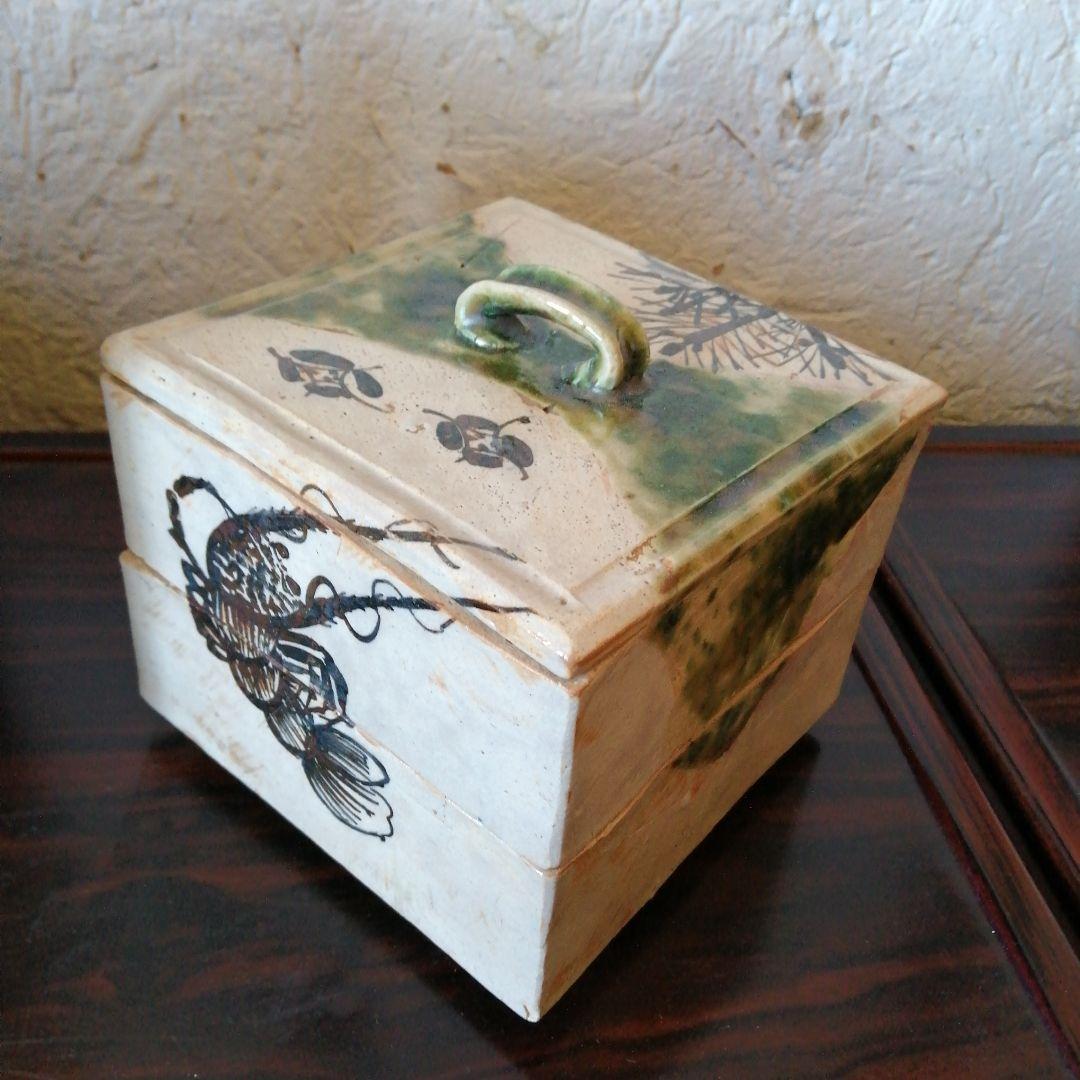 京焼　織部二段重箱　15cm　江戸後期〜幕末