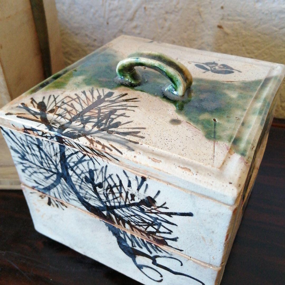 京焼　織部二段重箱　15cm　江戸後期〜幕末