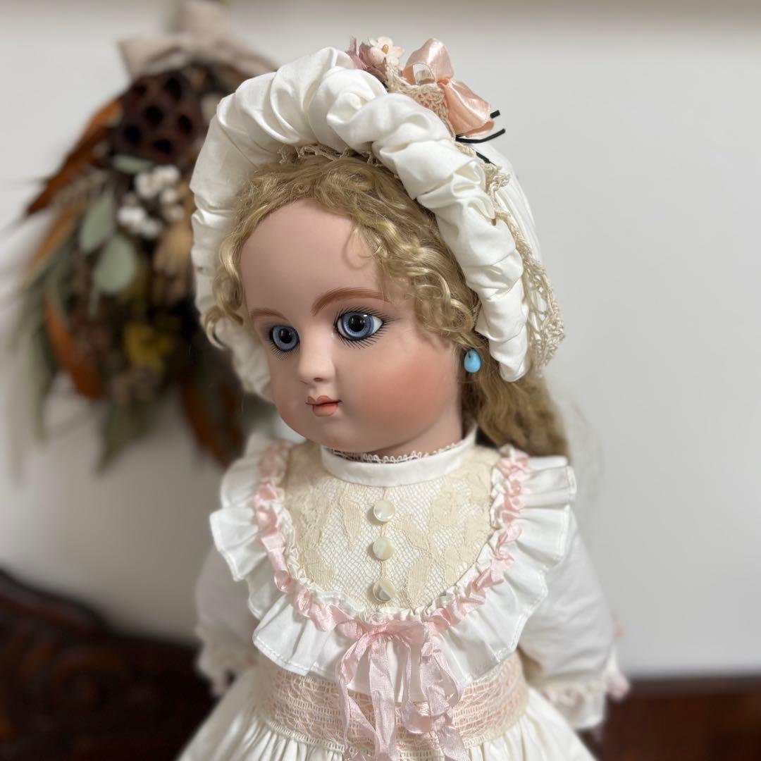 アンティークドール ビスクドール ドレス ボネ コットンシルク ピンク