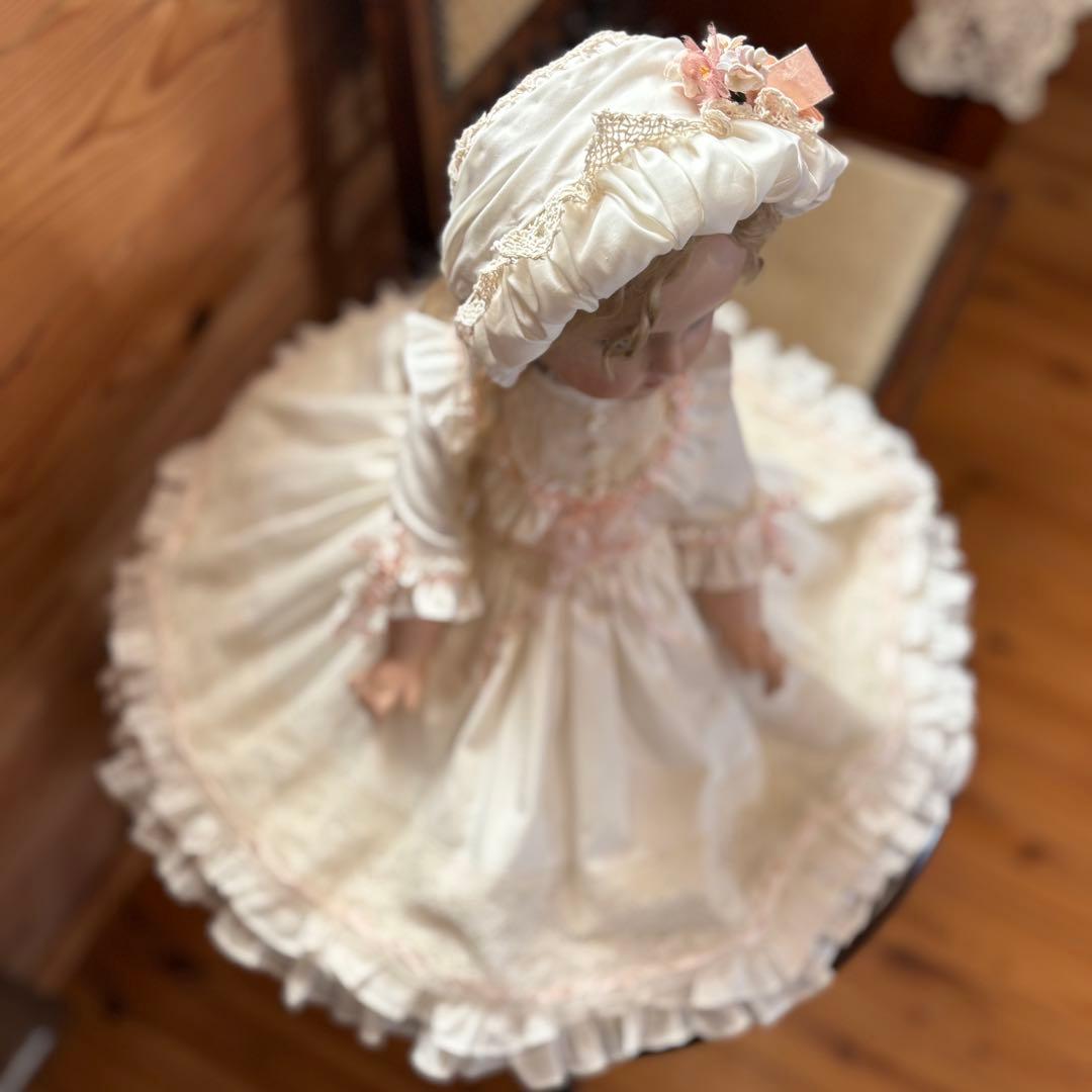 アンティークドール ビスクドール ドレス ボネ コットンシルク ピンク