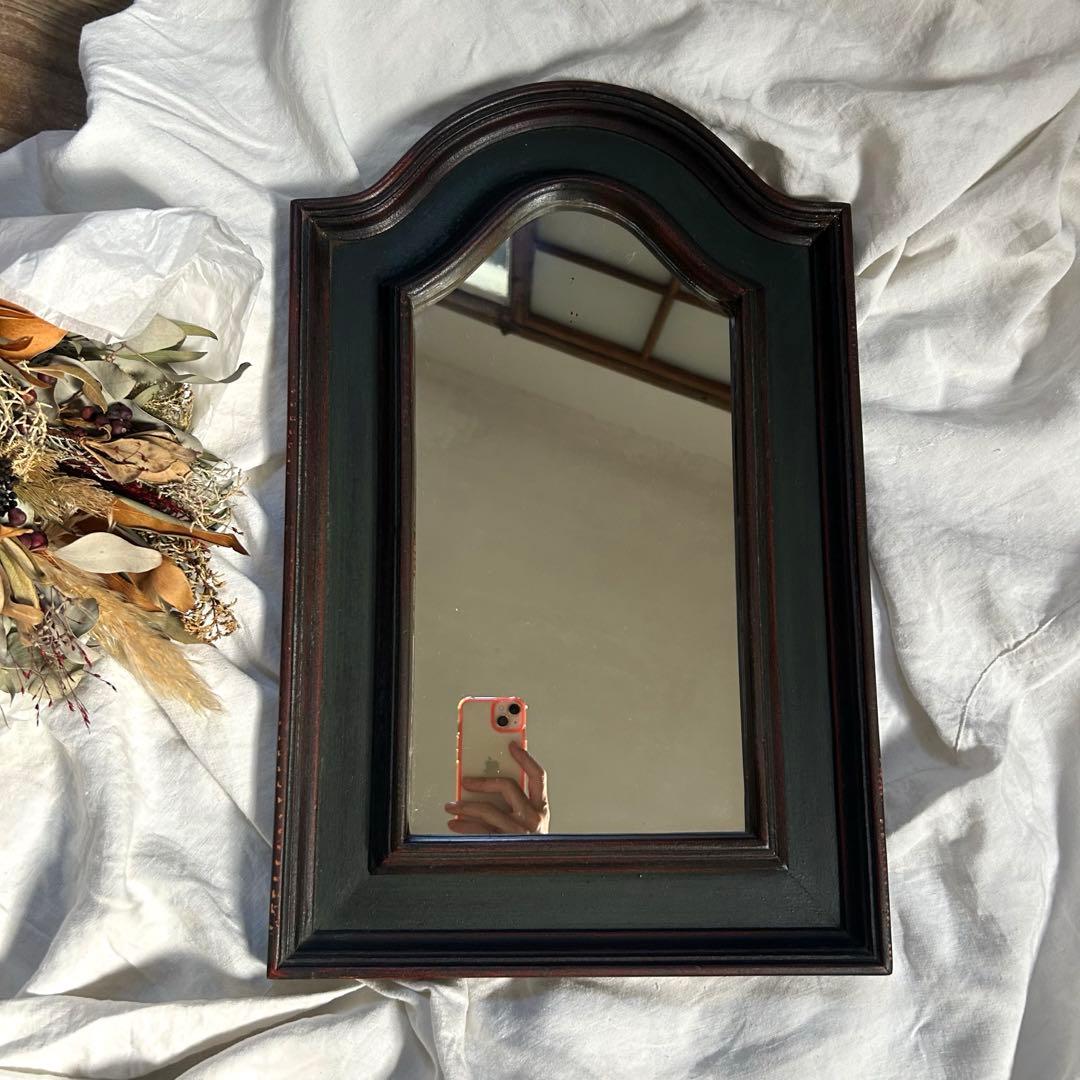 フランスアンティーク　ウォールミラー　鏡　壁掛アーチ　ダークグリーン
