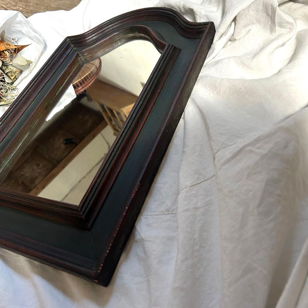 フランスアンティーク　ウォールミラー　鏡　壁掛アーチ　ダークグリーン