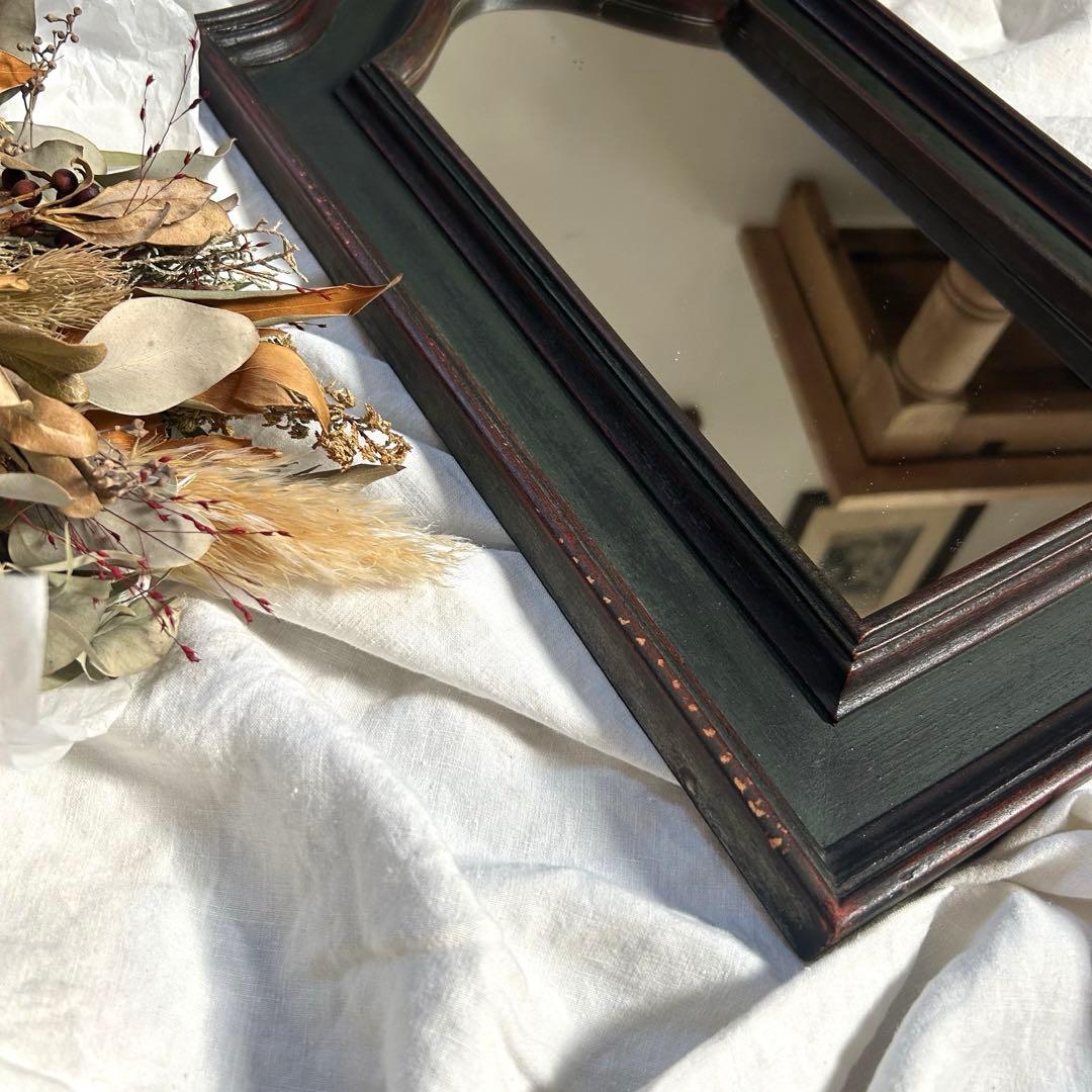 フランスアンティーク　ウォールミラー　鏡　壁掛アーチ　ダークグリーン