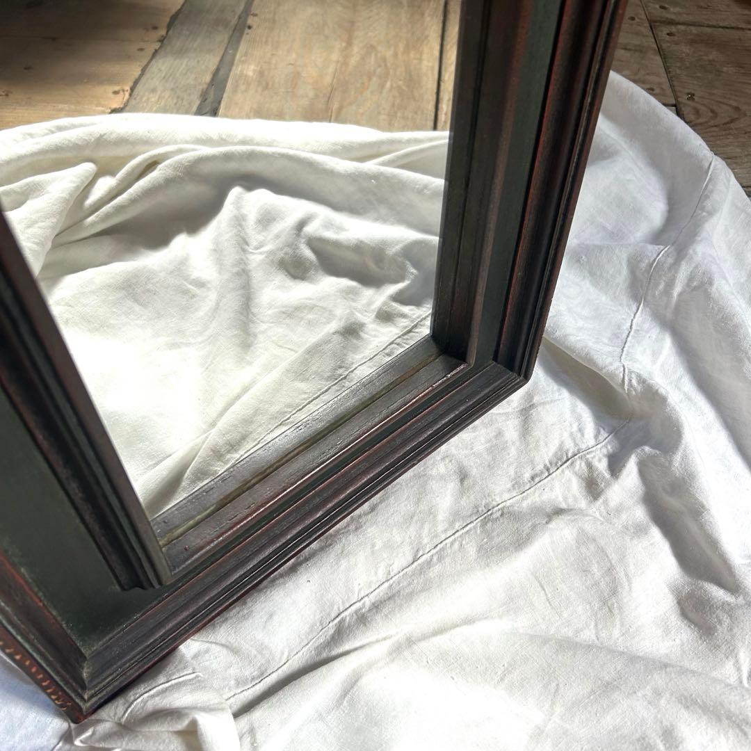 フランスアンティーク　ウォールミラー　鏡　壁掛アーチ　ダークグリーン