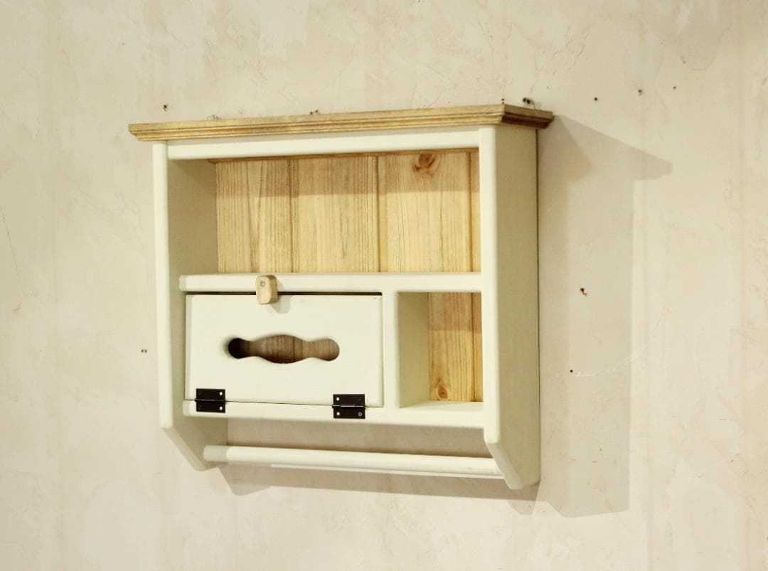 ハンドメイド　ホワイトシャビー　ティッシュシェルフ タオルホルダーつき