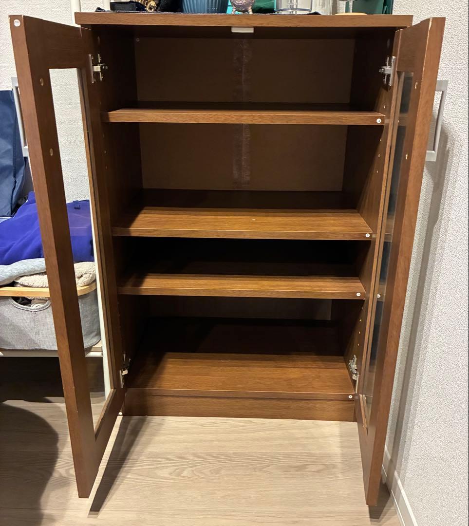 木製 ガラス扉 キャビネット ダークブラウン 収納棚 本棚