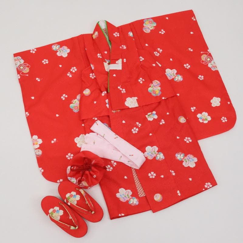 あっちゃん　七五三6点セット　被布　着物　襦袢　草履　巾着　赤 9RR21