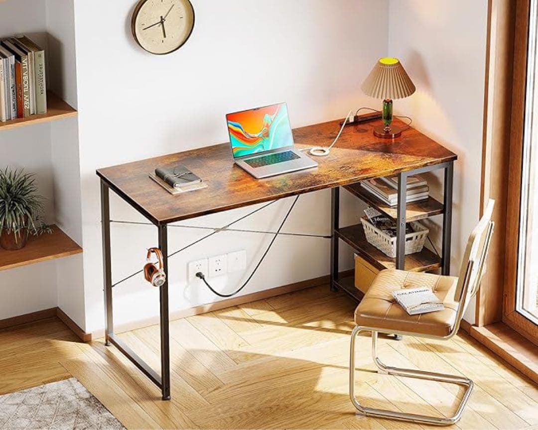 ビンテージ調デスク幅120cmコンセント3段ラック収納フック付き左右入替え対応