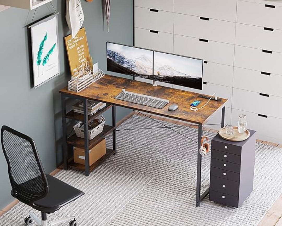 ビンテージ調デスク幅120cmコンセント3段ラック収納フック付き左右入替え対応